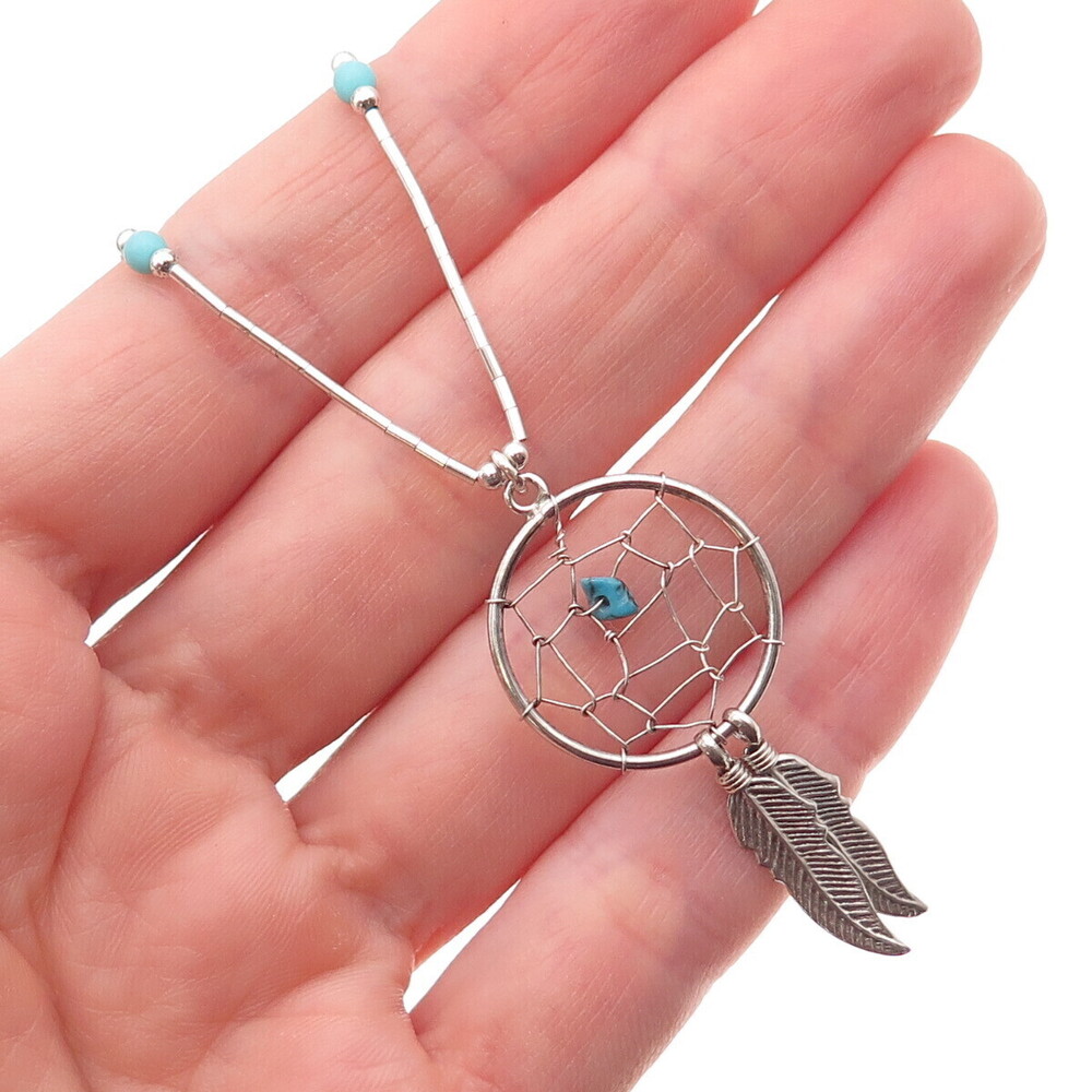 Old Pawn 925 Sterling Vintage Turquoise Dreamcatcher Liquid Chain Necklace 18"